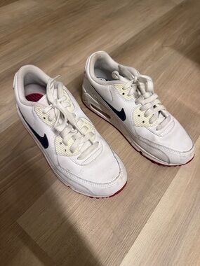 Nike air max White Leather Sneakers with Navy Swoosh and Red Outsole
